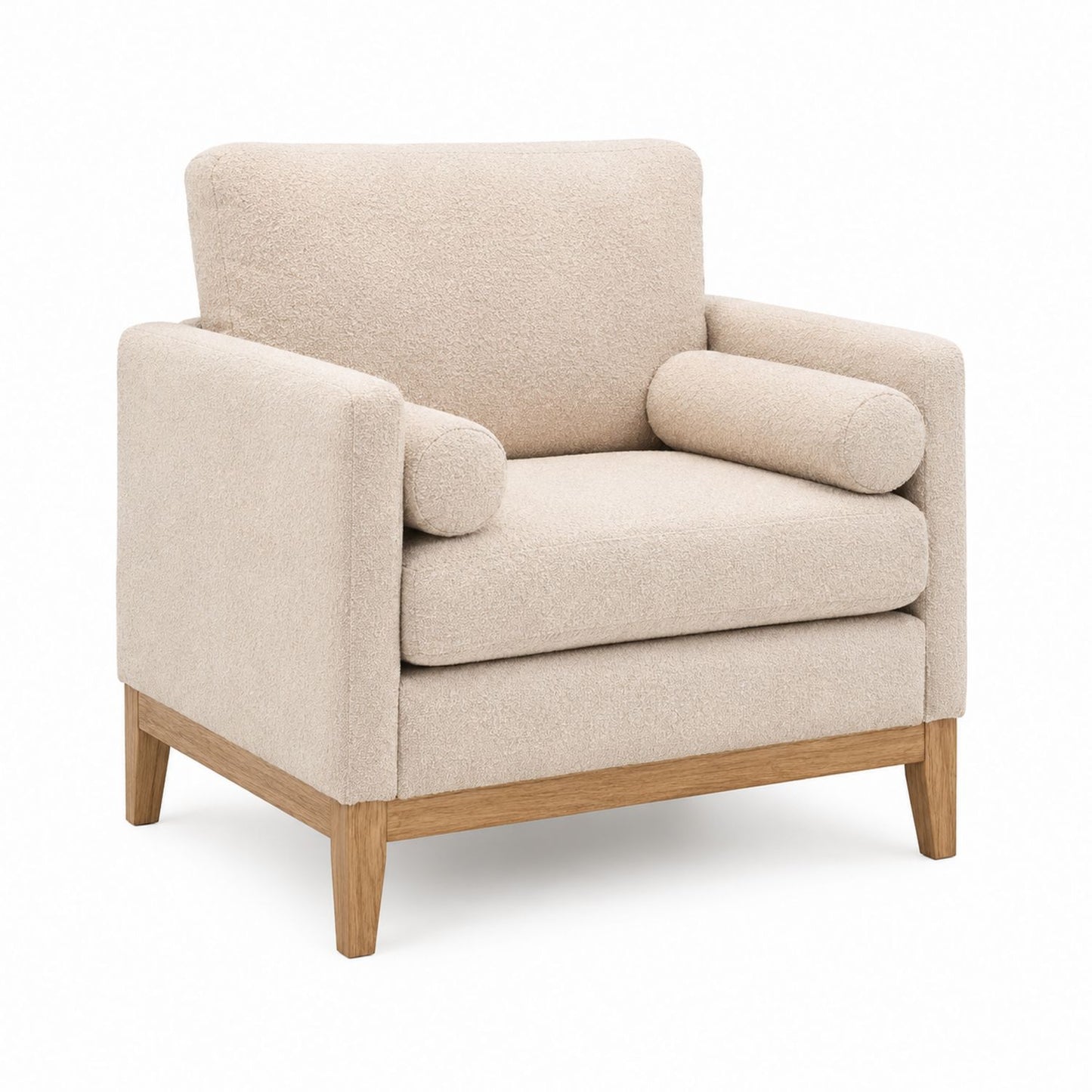 Beige Fabric Armchair with Oak Wood Legs