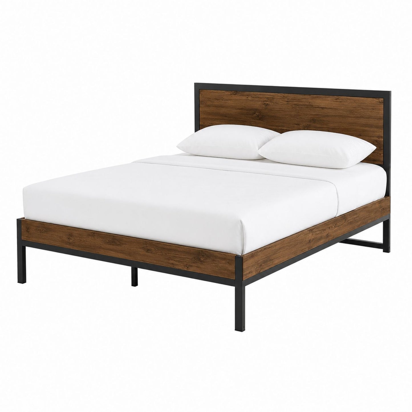 Queen Size Metal Frame Platform Bed with Wood Headboard