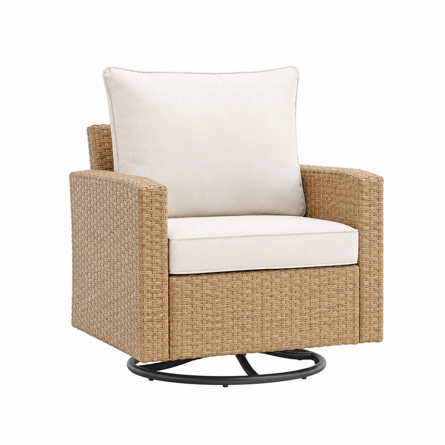 Outdoor Swivel Chair Rattan Frame Polyester Cushions Beige 31.5in x 29.5in x 33.5in