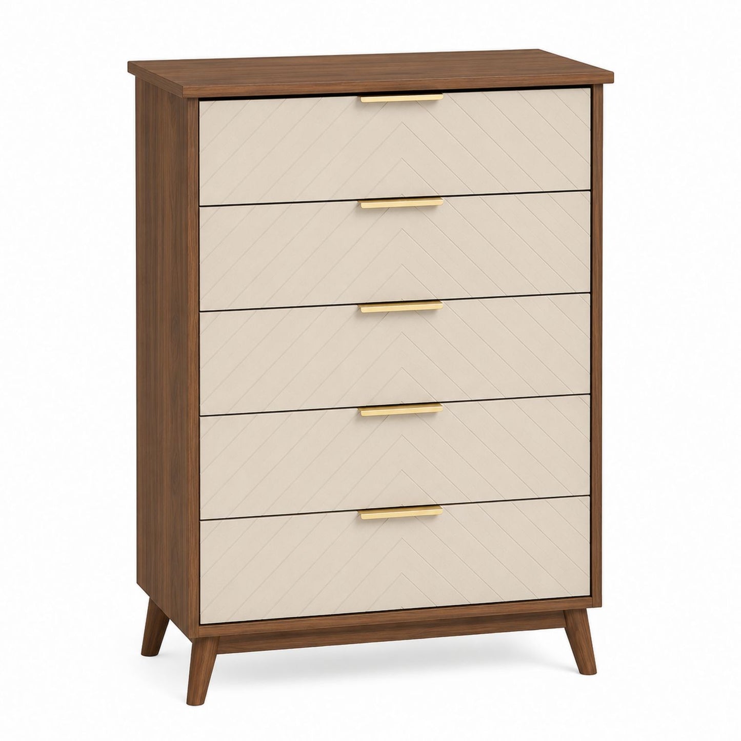 Wood Veneer Dresser with Five Drawers and Brass Handles