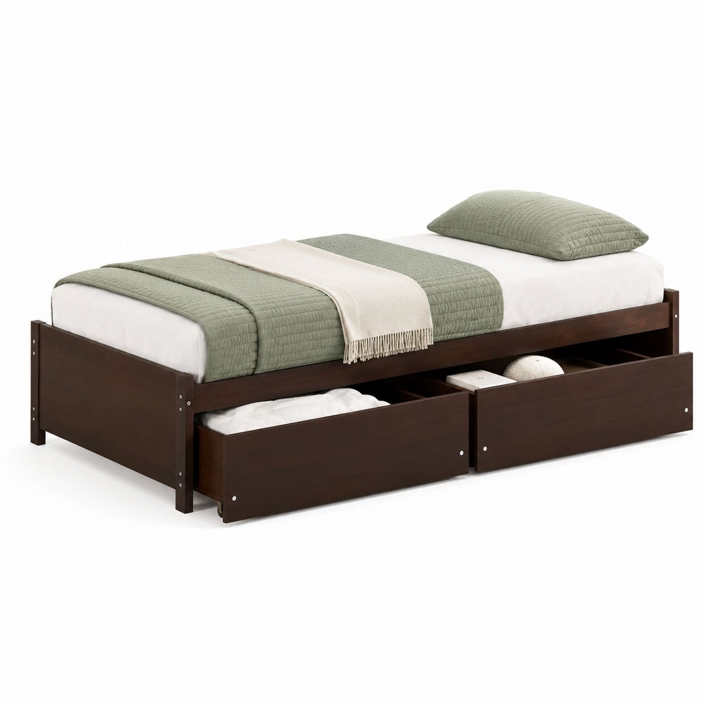 Solid Wood Twin Bed Frame with Storage Drawers Dark Brown 200cm x 100cm