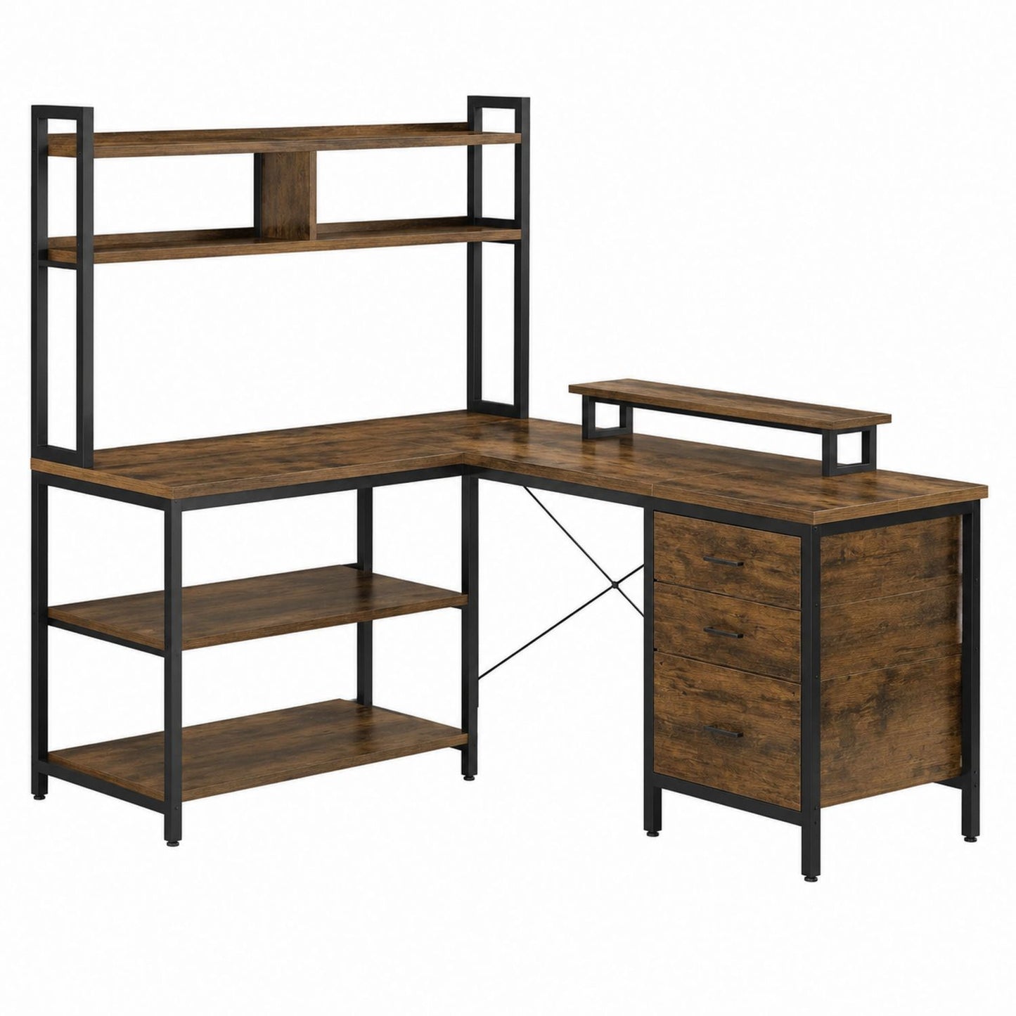 L-Shaped Desk with Shelves and Drawers Wood/Metal Brown/Black 175cm x 140cm x 150cm