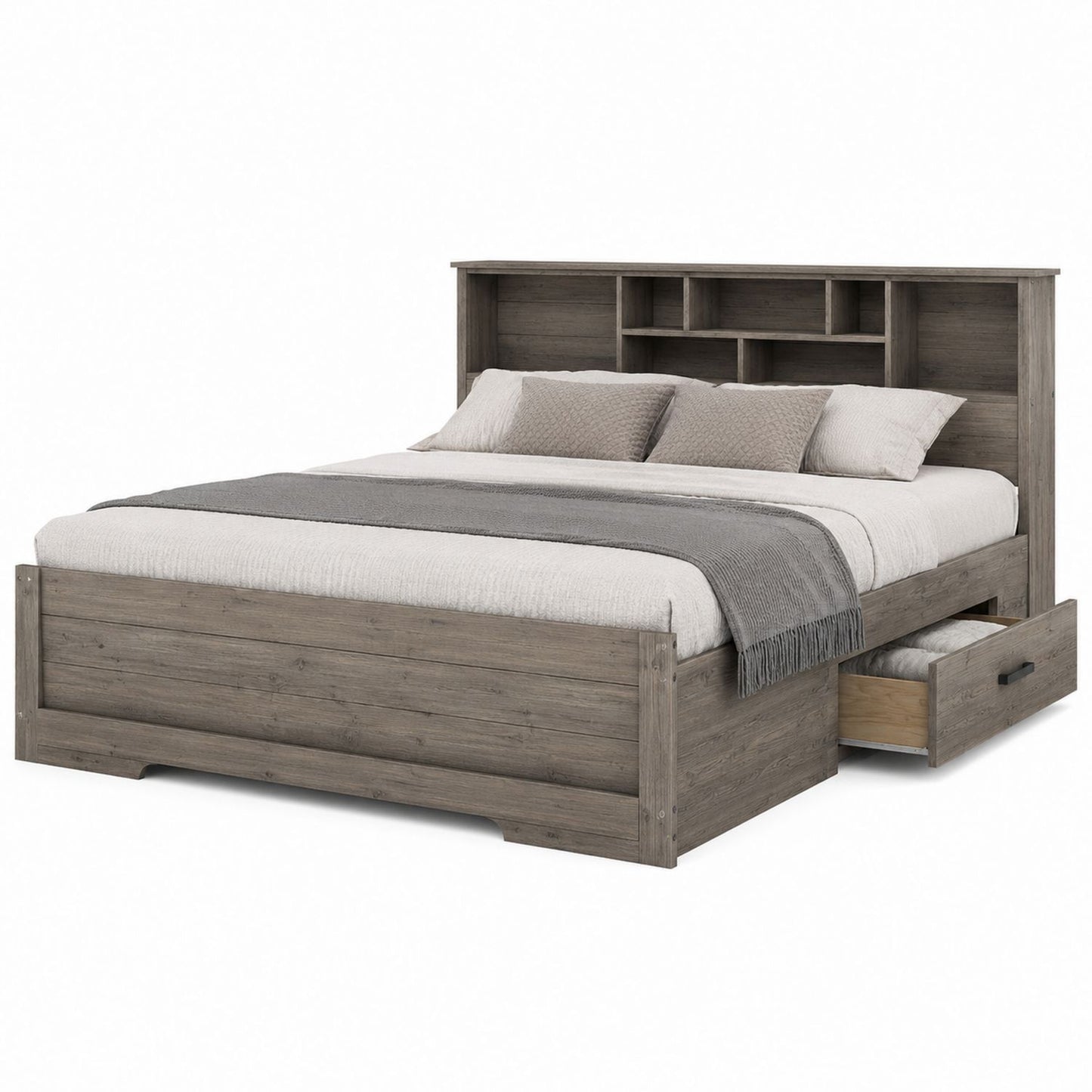 Wood Queen Bed Frame with Storage Drawers and Headboard Shelving
