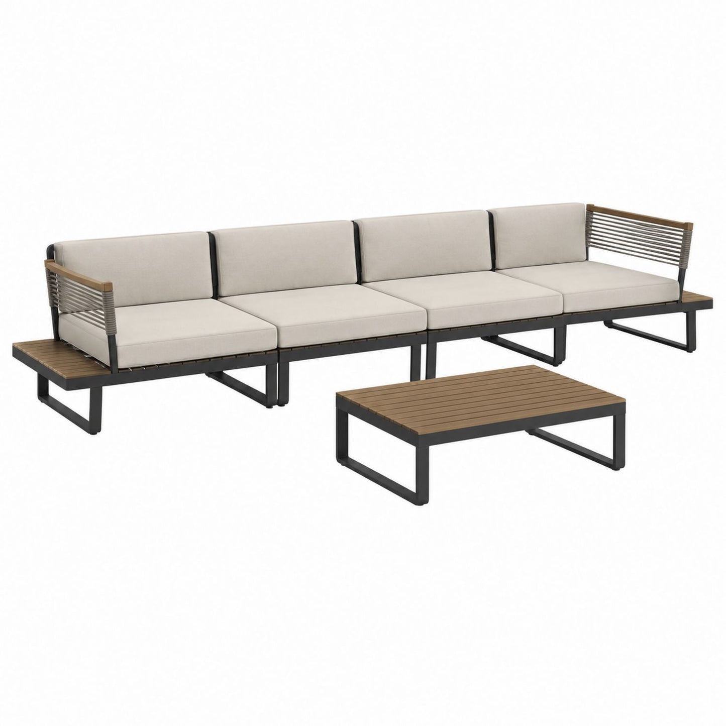 Aluminum Outdoor Sectional Sofa Set with Beige Cushions and Wooden Table