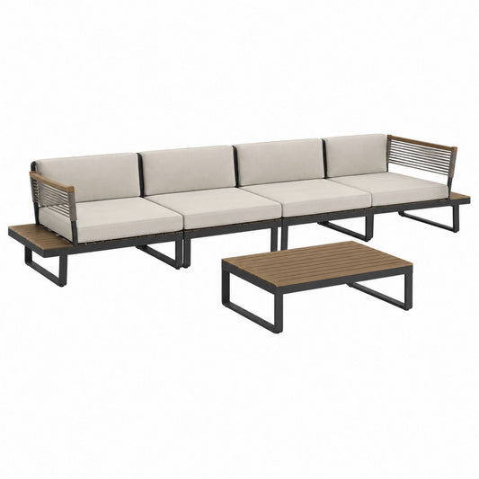 Aluminum Outdoor Sectional Sofa Set with Beige Cushions and Wooden Table
