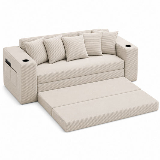 Beige Fabric Convertible Sofa Bed with Storage