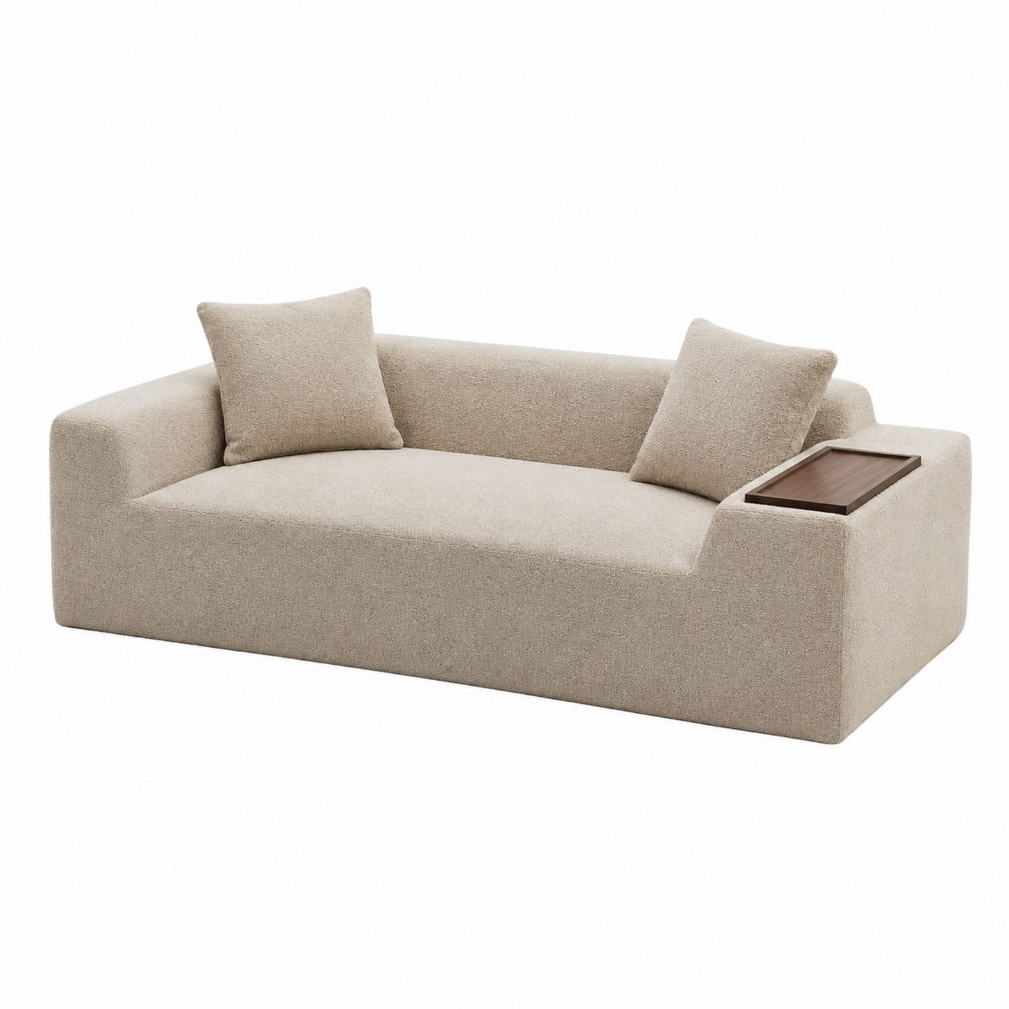 Beige Polyester Sofa with Wood Tray and Cushions