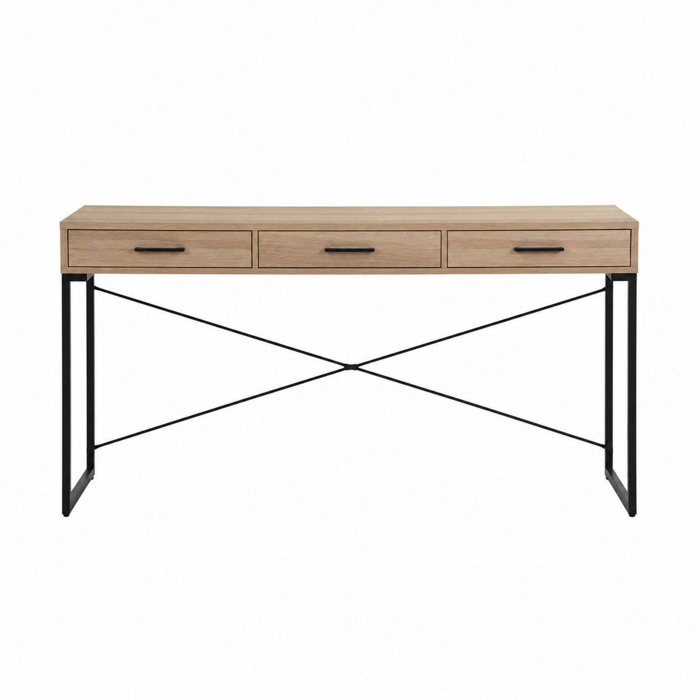 Oak Wood Desk with Metal Frame and Three Drawers