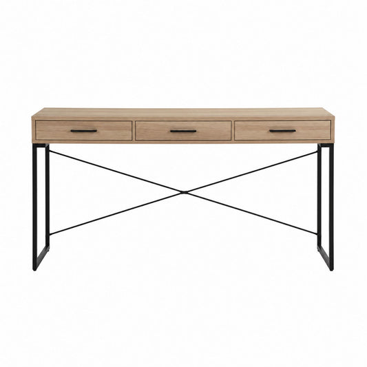 Oak Wood Desk with Metal Frame and Three Drawers