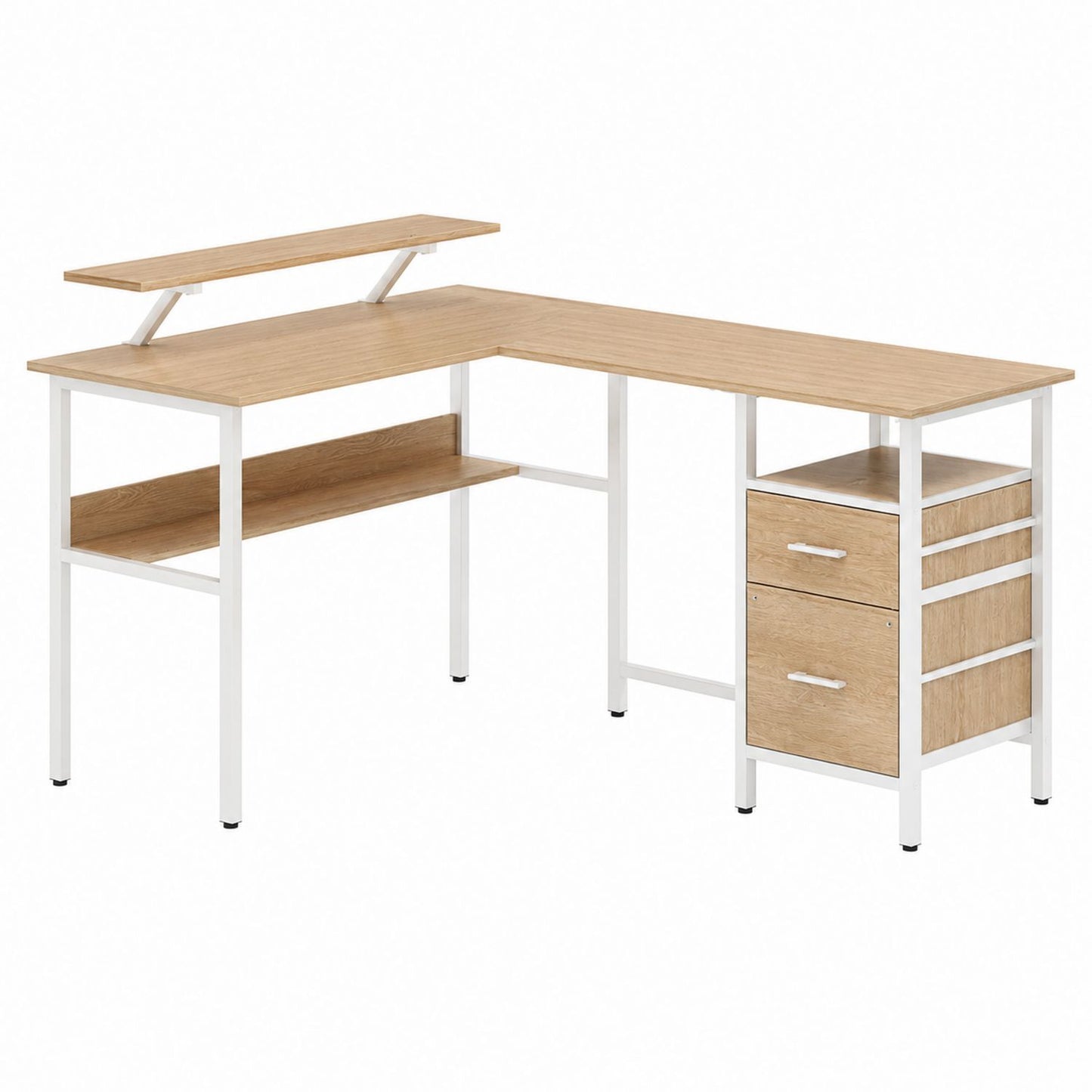L-Shaped Desk with Shelves and Drawers Wood and Metal Frame Natural and White