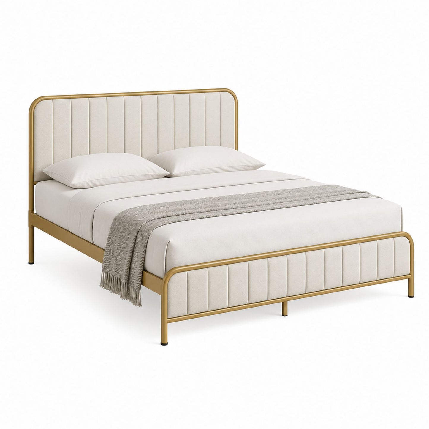 Metal Frame Bed with Linen Upholstery, Queen Size, Gold Beige