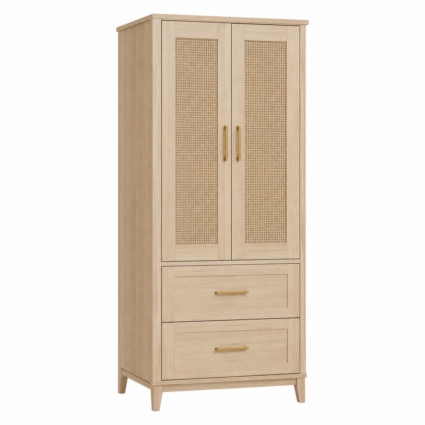 Oak Storage Cabinet with Rattan Doors and Drawers