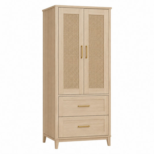 Oak Storage Cabinet with Rattan Doors and Drawers