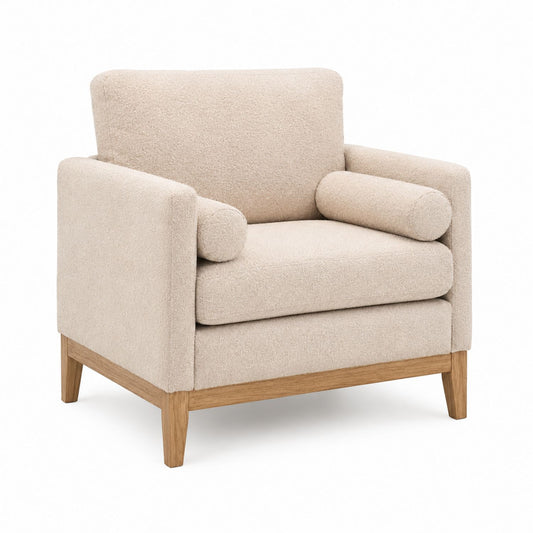 Beige Fabric Armchair with Oak Wood Legs