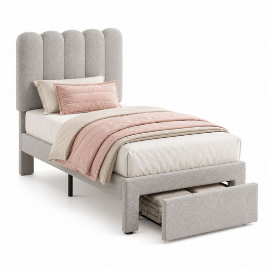 Twin Fabric Upholstered Bed with Storage Drawer Light Gray