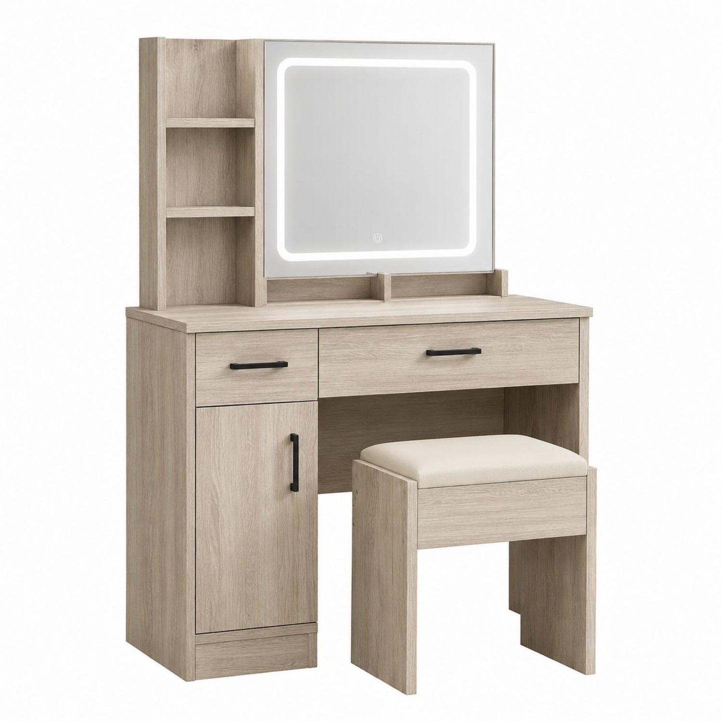 Engineered Wood Vanity Set with LED Mirror and Fabric Stool in Light Oak