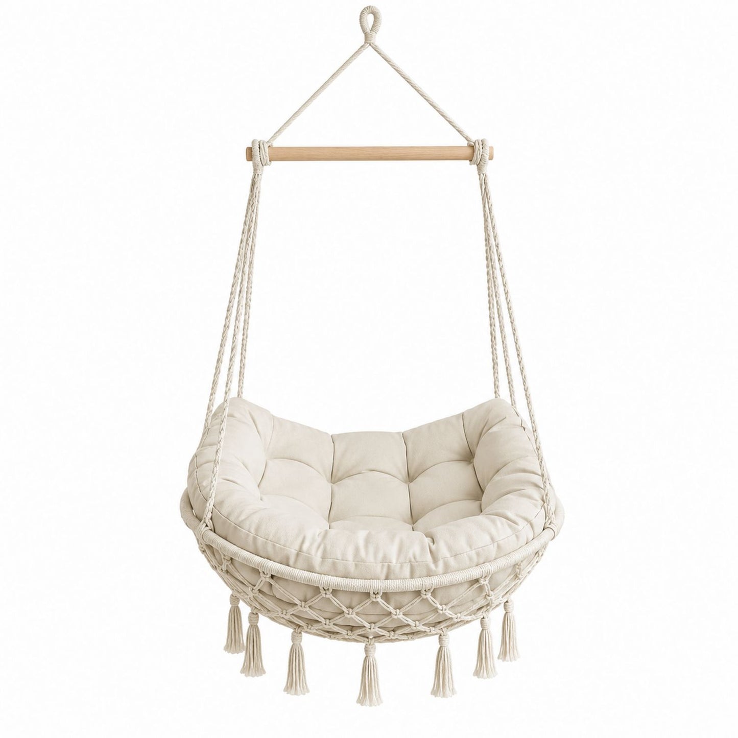 Cotton Hanging Rope Chair with Beige Cushion and Wooden Bar, 100cm Diameter