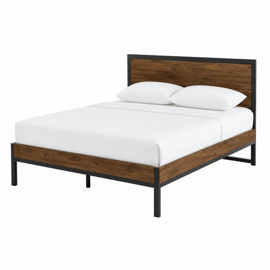Queen Size Metal Frame Platform Bed with Wood Headboard