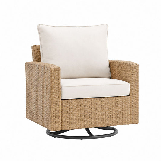 Outdoor Swivel Chair Rattan Frame Polyester Cushions Beige 31.5in x 29.5in x 33.5in
