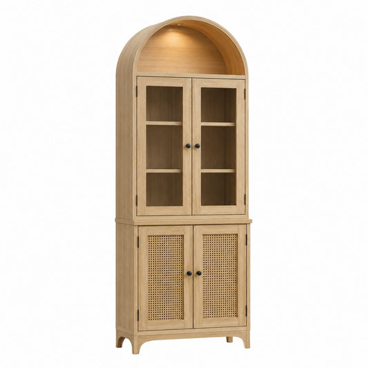Wooden Arched Bookcase with Glass and Cane Doors 198cm