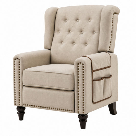 Beige Fabric Wingback Recliner Chair with Pocket Design