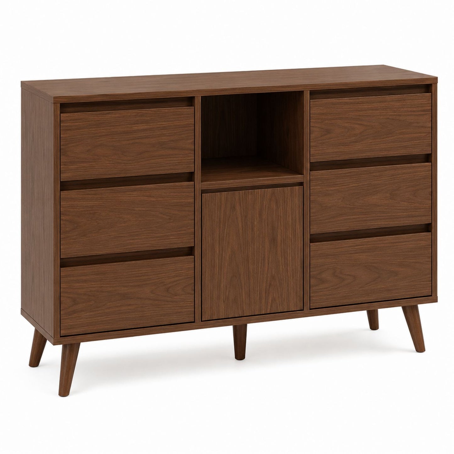 Walnut Wood 6-Drawer Dresser with Open Shelf and Cabinet