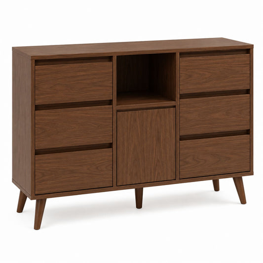 Walnut Wood 6-Drawer Dresser with Open Shelf and Cabinet