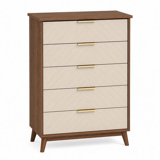 Wood Veneer Dresser with Five Drawers and Brass Handles