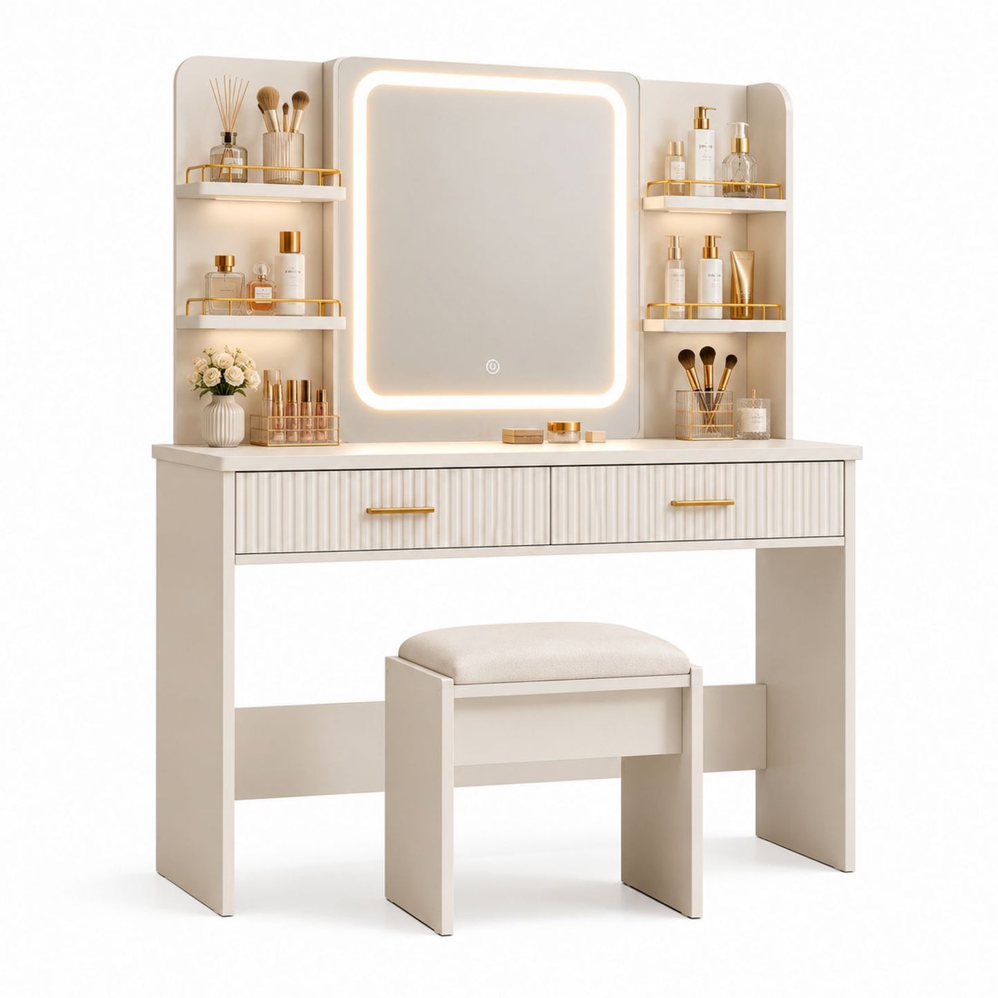 Vanity Set with LED Mirror MDF Wood Cream Beige