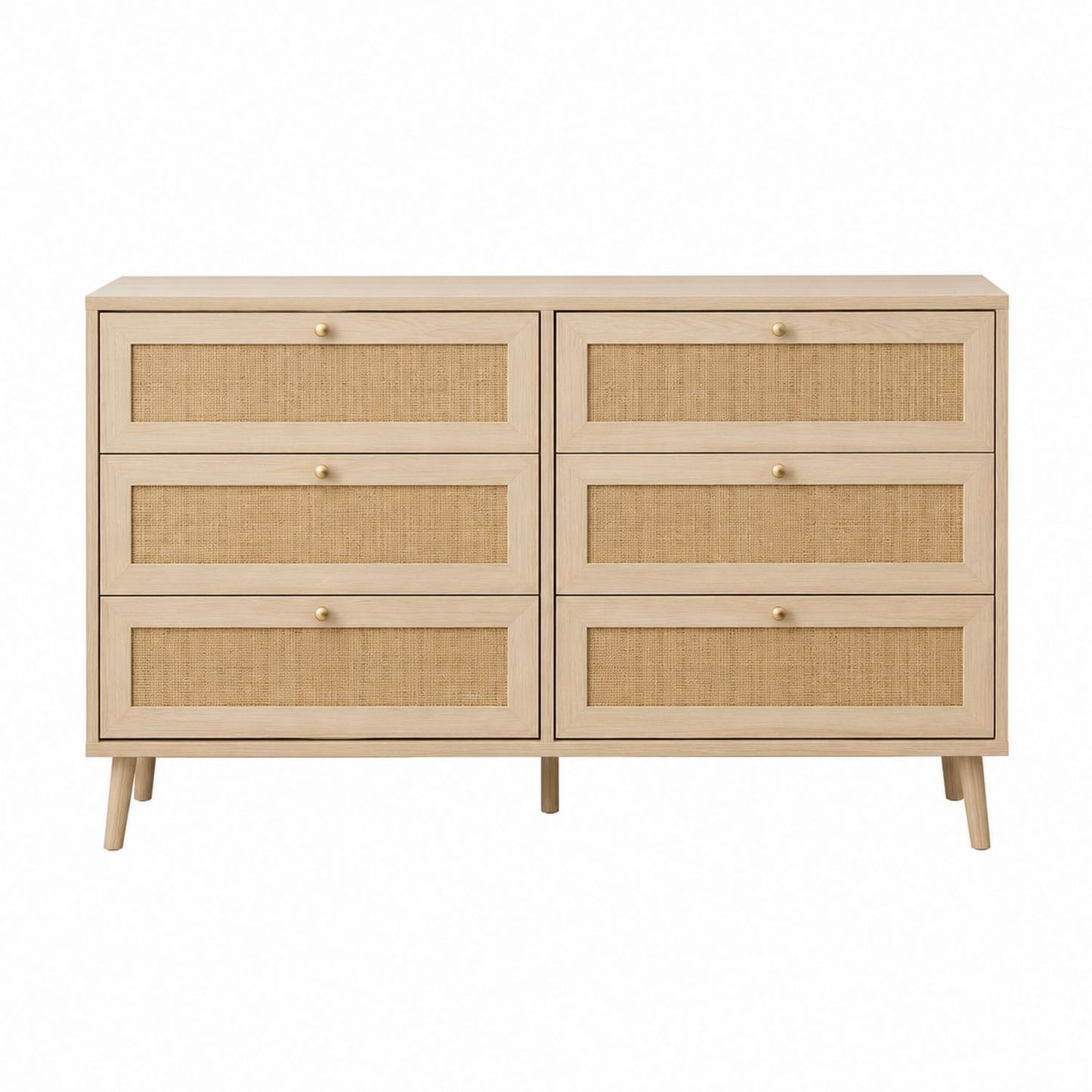 Wood Dresser with Six Cane-Accented Drawers 140cm Beige