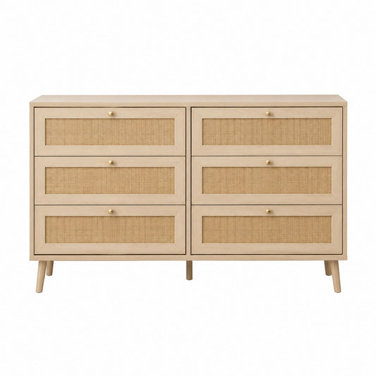 Wood Dresser with Six Cane-Accented Drawers 140cm Beige