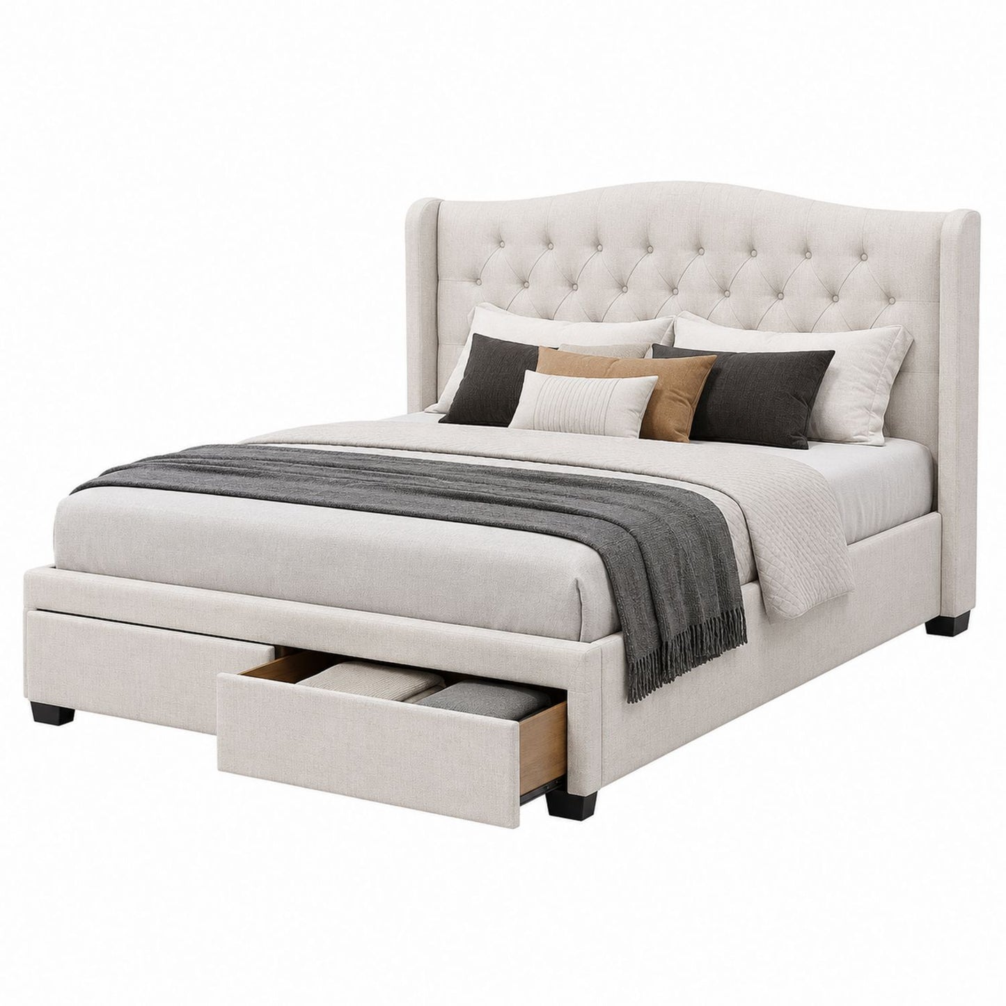Linen Upholstered Platform Bed with Wingback Headboard and Storage Drawers Queen Size Beige