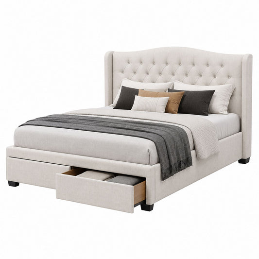 Linen Upholstered Platform Bed with Wingback Headboard and Storage Drawers Queen Size Beige